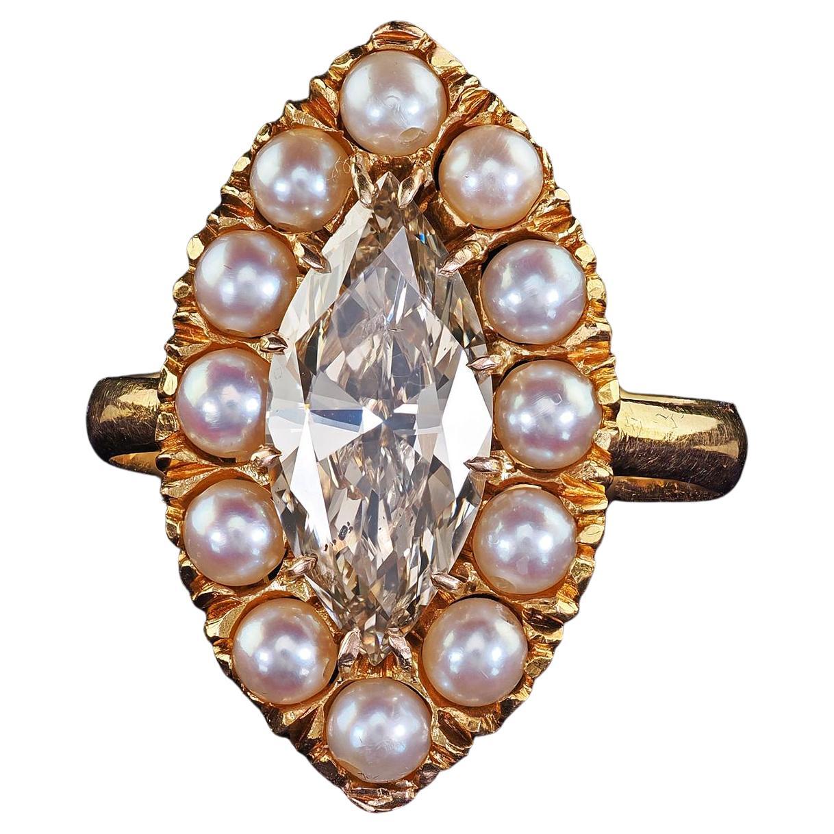 Antique Victorian 22K Yellow Gold Marquise Diamond Pearl Engagement Ring - GIA For Sale