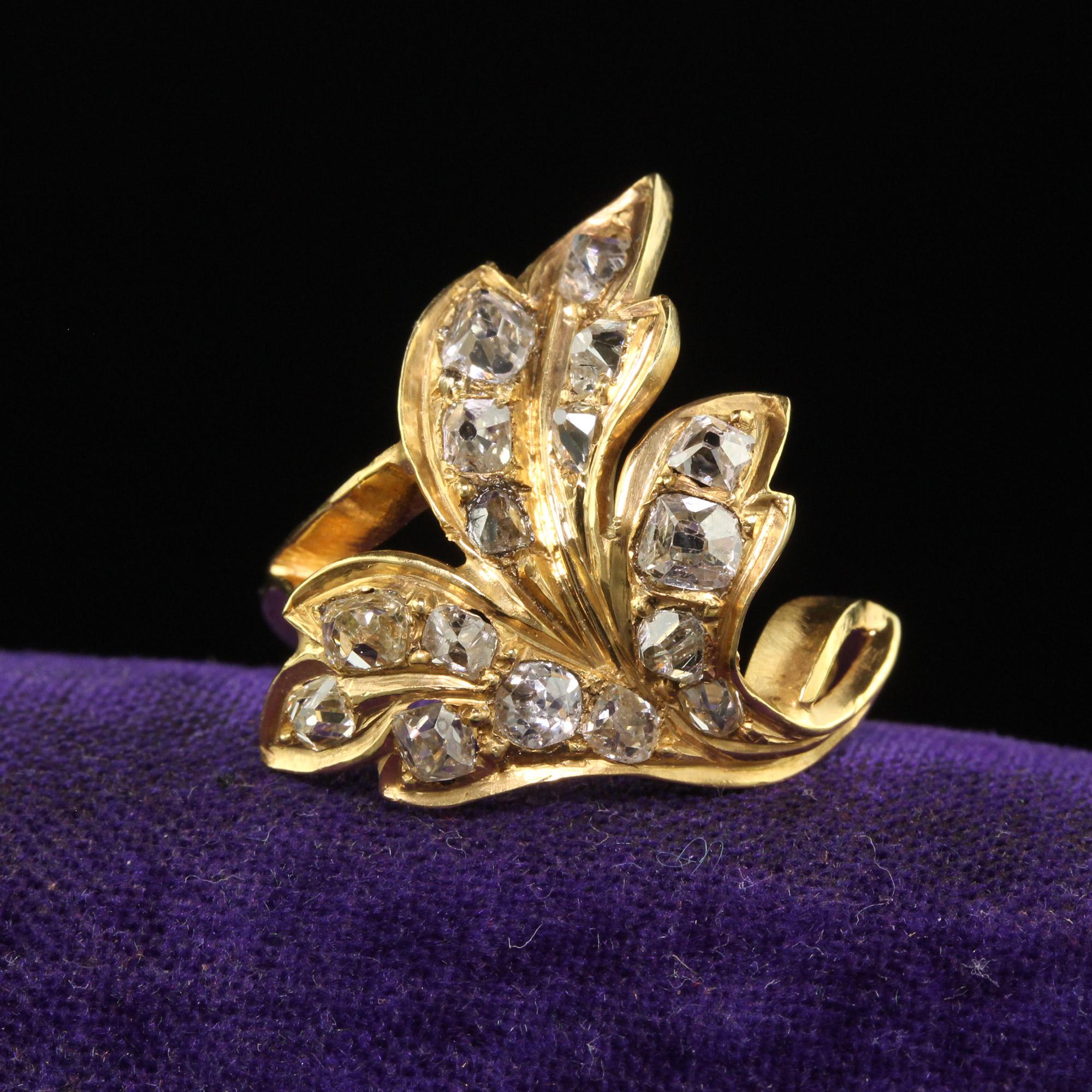 Beautiful Antique Victorian 22K Yellow Gold Old Mine Floral Leaf Ring. This gorgeous Victorian old mine diamond ring is crafted in 22k yellow gold. The ring features chunky old mine and peruzzi cut diamonds set in a rich 22k yellow gold mounting