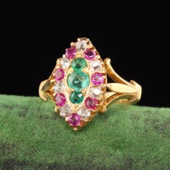 Antique Victorian 22K Yellow Gold Old Peruzzi Cut Diamond Ruby Emerald Ring