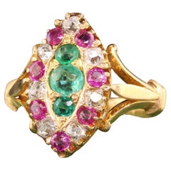 Antique Victorian 22K Yellow Gold Old Peruzzi Cut Diamond Ruby Emerald Ring