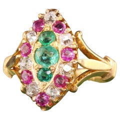 Antiker viktorianischer 22 Karat Gelbgold Ring mit altem Peruzzi-Schliff Diamant Rubin Smaragd