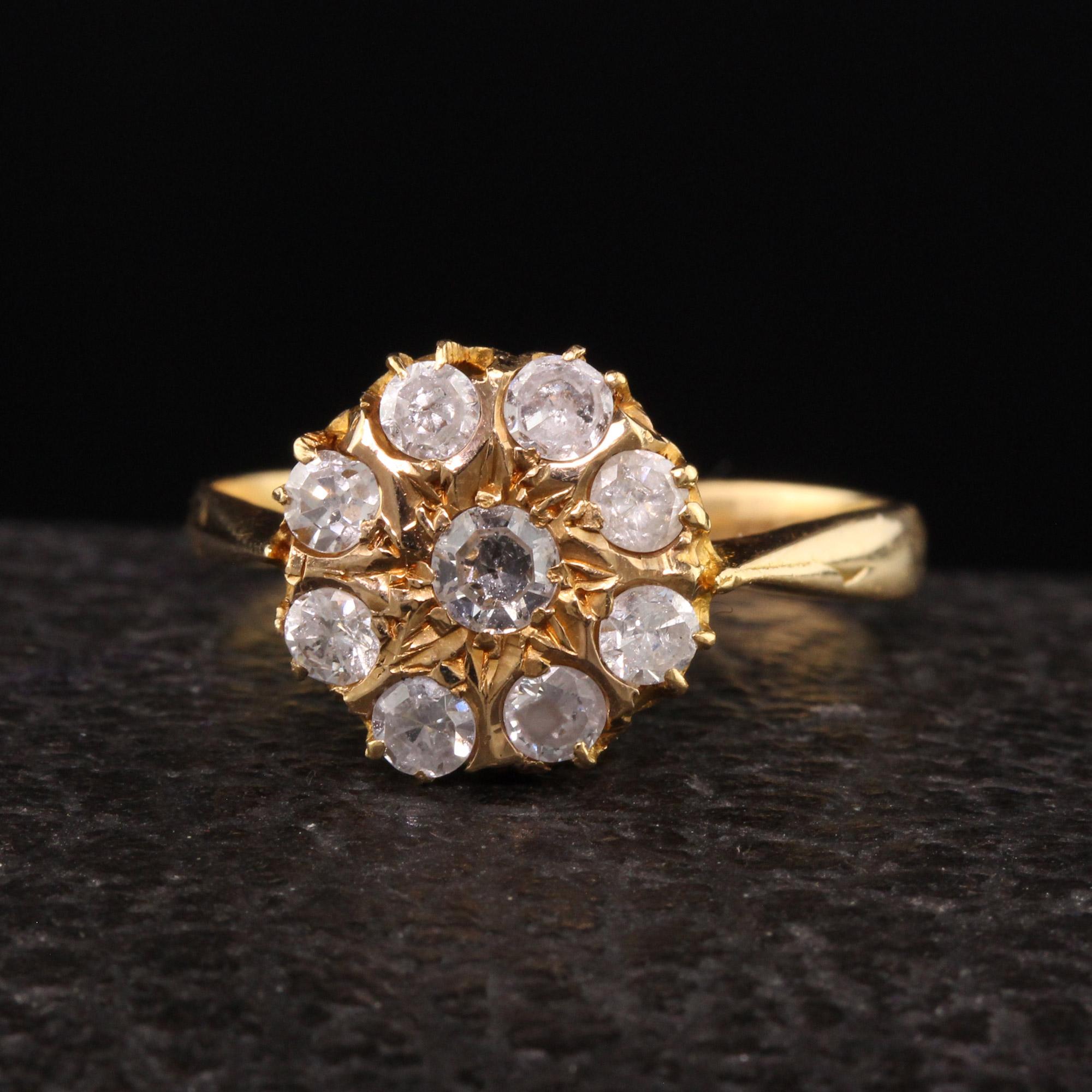 Beautiful Antique Victorian 22K Yellow Gold Single Cut Diamond Cluster Ring. This beautiful cluster ring has single cut diamonds on the top of an art deco mounting that is crafted in 22k yellow gold.

Item #R1093

Metal: 22K Yellow Gold

Weight: 3