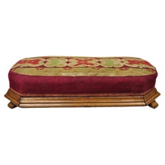 Antique Victorian Long Mahogany Red Needlepoint Small Footstool Ottoman