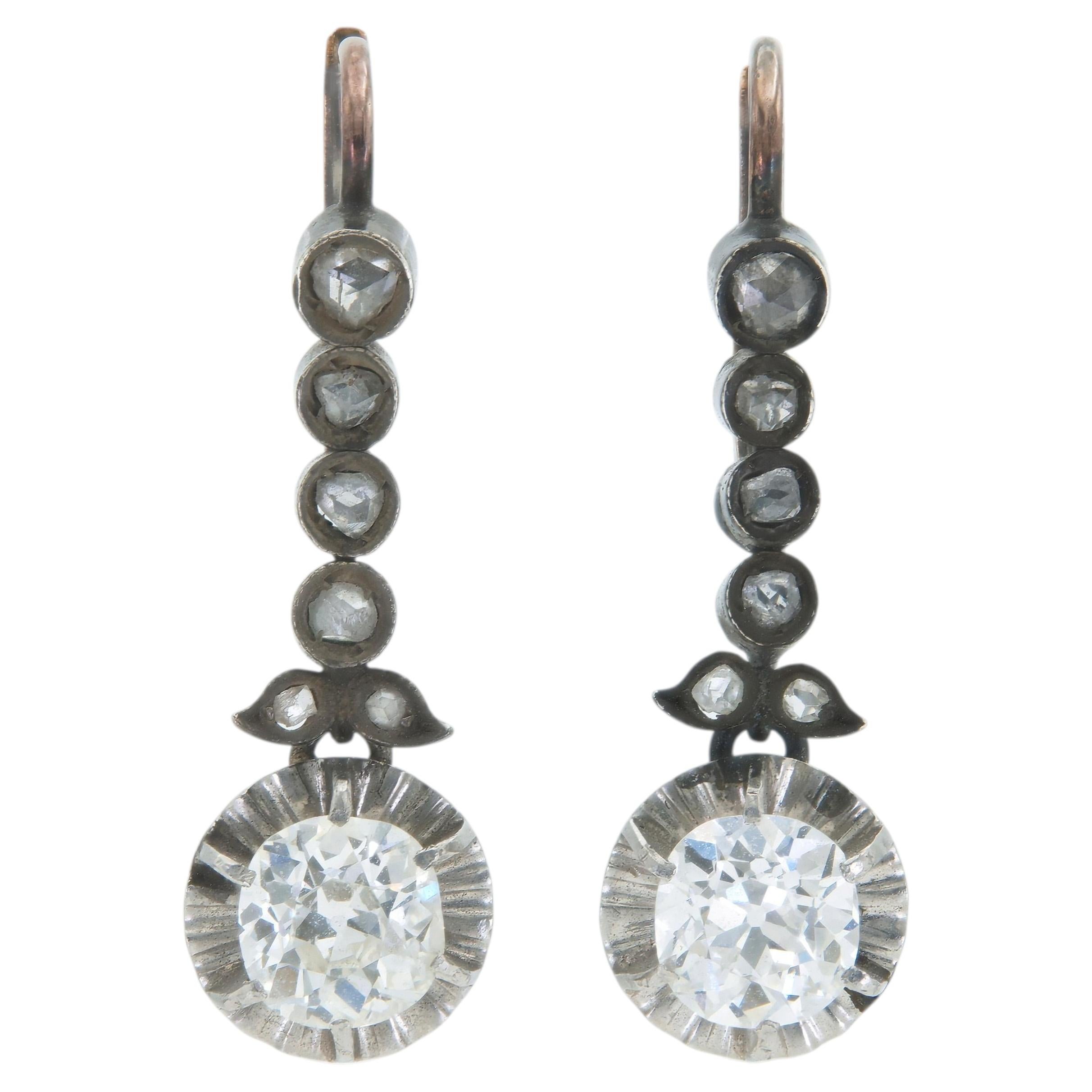 Antique Victorian 2.50 Carat Old Mine Cut Diamond Dangle Earrings