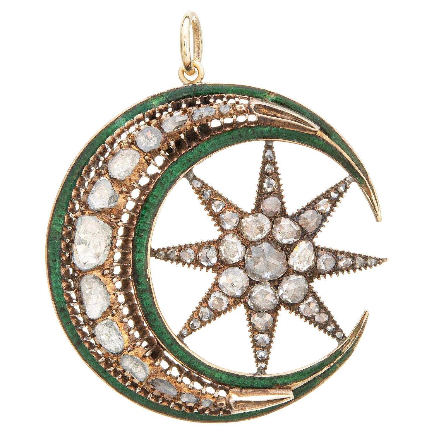 Antiquité Victorienne 2.50ct Diamond Pendant Crescent Moon Enamel 14k Star Celestial