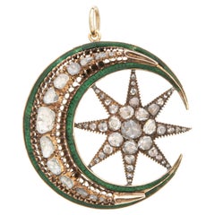 Antique Victorian 2.50ct Diamond Pendant Crescent Moon Enamel 14k Star Celestial