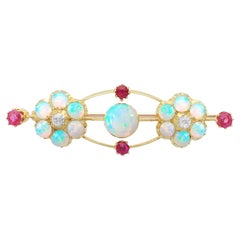 Antique Victorian 2.50Ct Opal and Diamond Yellow Gold Brooch, Circa 1890