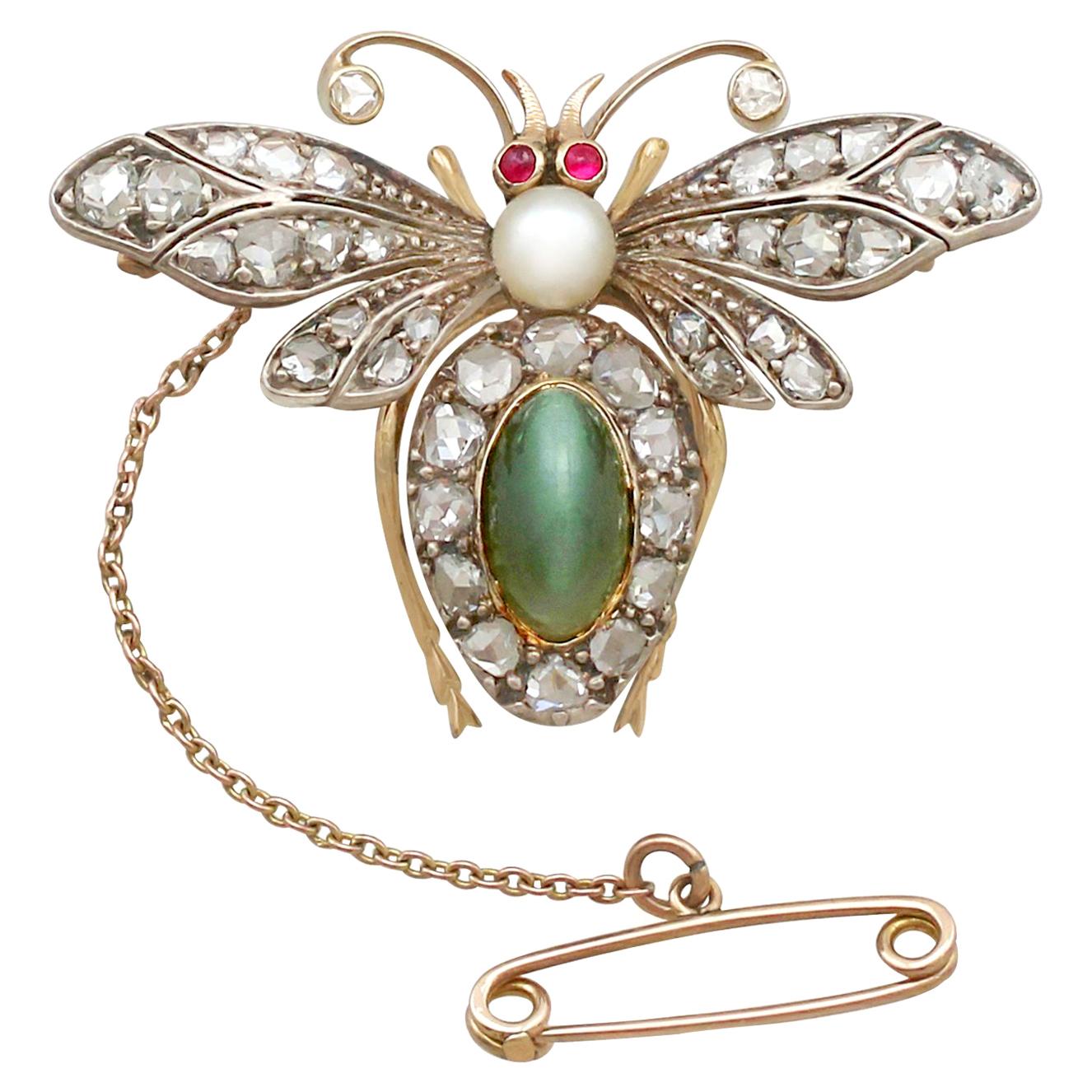 Antique Victorian 2.59 Carat Chrysoberyl and 1.95 Carat Diamond Gold Bee Brooch