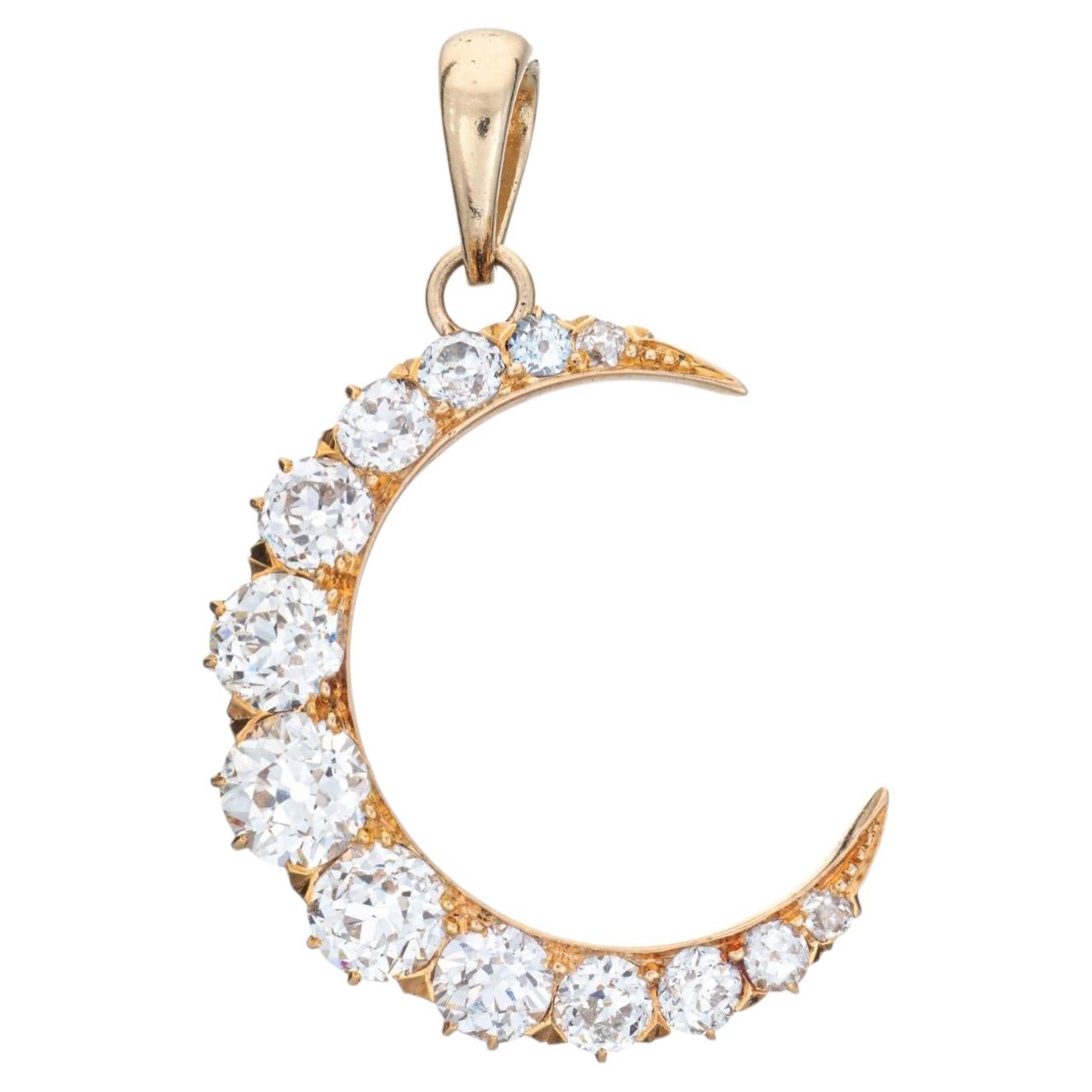 Antique Victorian 2.60ct Diamond Pendant Crescent Moon 14k Celestial Jewelry