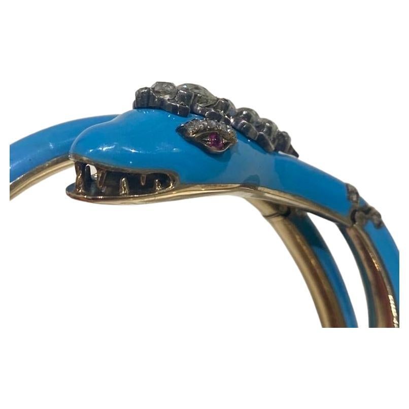 Antique Victorian 2.80ct Old Cut Diamond, Ruby & Turquoise Enamel Snake Bracelet For Sale 8
