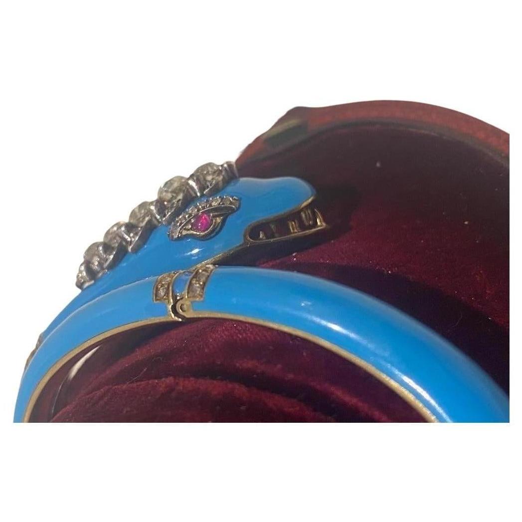 Antique Victorian 2.80ct Old Cut Diamond, Ruby & Turquoise Enamel Snake Bracelet For Sale 9