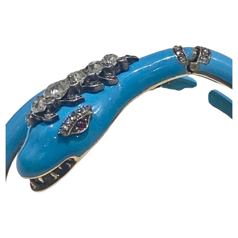 Antique Victorian 2.80ct Old Cut Diamond, Ruby & Turquoise Enamel Snake Bracelet In Excellent Condition For Sale In Kenley surrey, GB