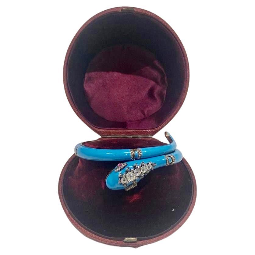 Antique Victorian 2.80ct Old Cut Diamond, Ruby & Turquoise Enamel Snake Bracelet For Sale