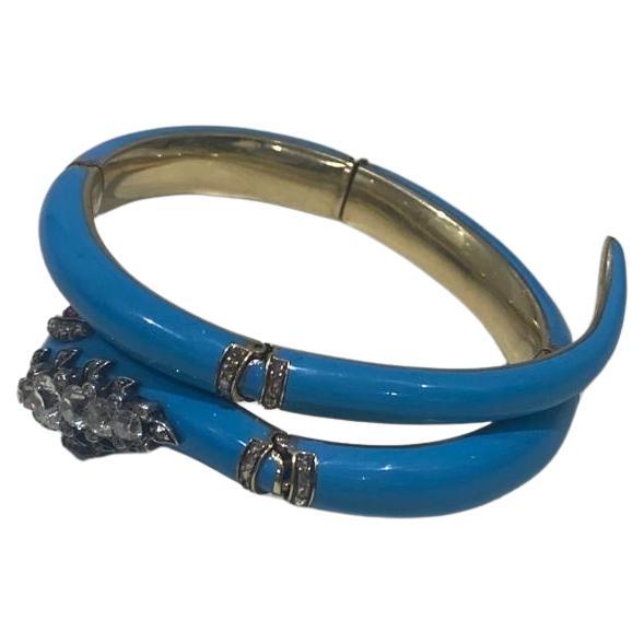 Women's or Men's Antique Victorian 2.80ct Old Cut Diamond, Ruby & Turquoise Enamel Snake Bracelet For Sale