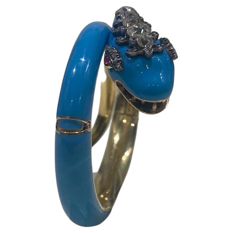 Antique Victorian 2.80ct Old Cut Diamond, Ruby & Turquoise Enamel Snake Bracelet For Sale 2