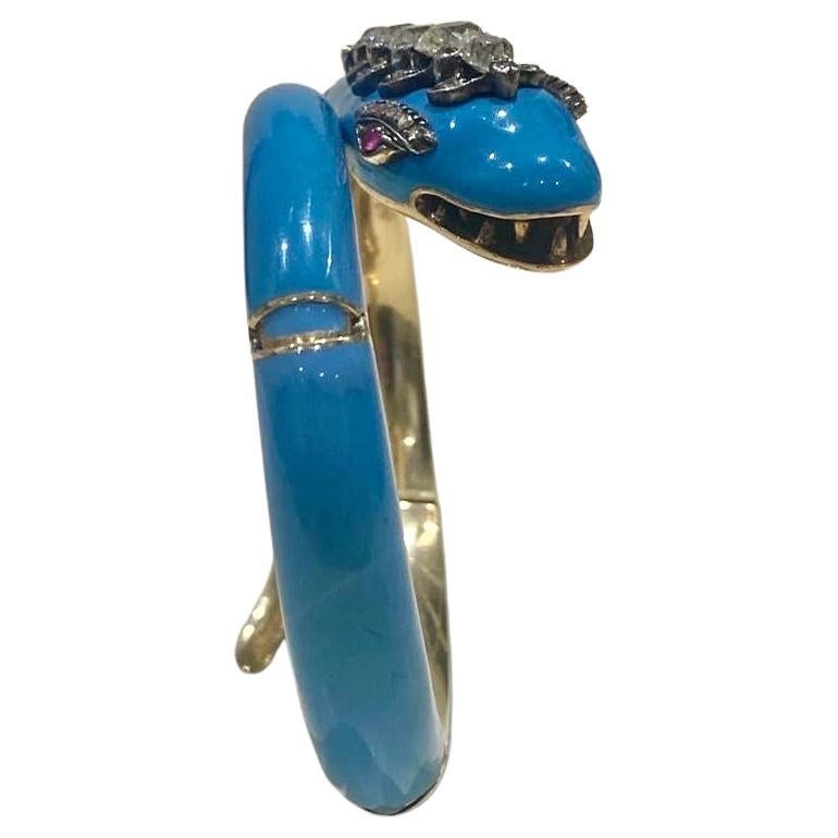 Antique Victorian 2.80ct Old Cut Diamond, Ruby & Turquoise Enamel Snake Bracelet For Sale 4