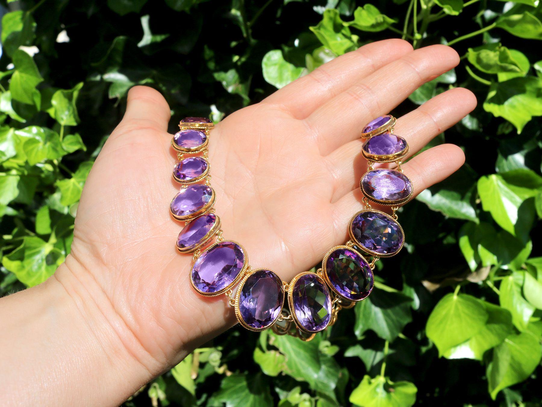 A stunning, impressive antique Victorian 274.91 carat amethyst and 18 karat yellow gold rivière necklace; part of our diverse antique jewelry collections.

This fine and impressive antique amethyst necklace has been crafted in 18k yellow gold.

The