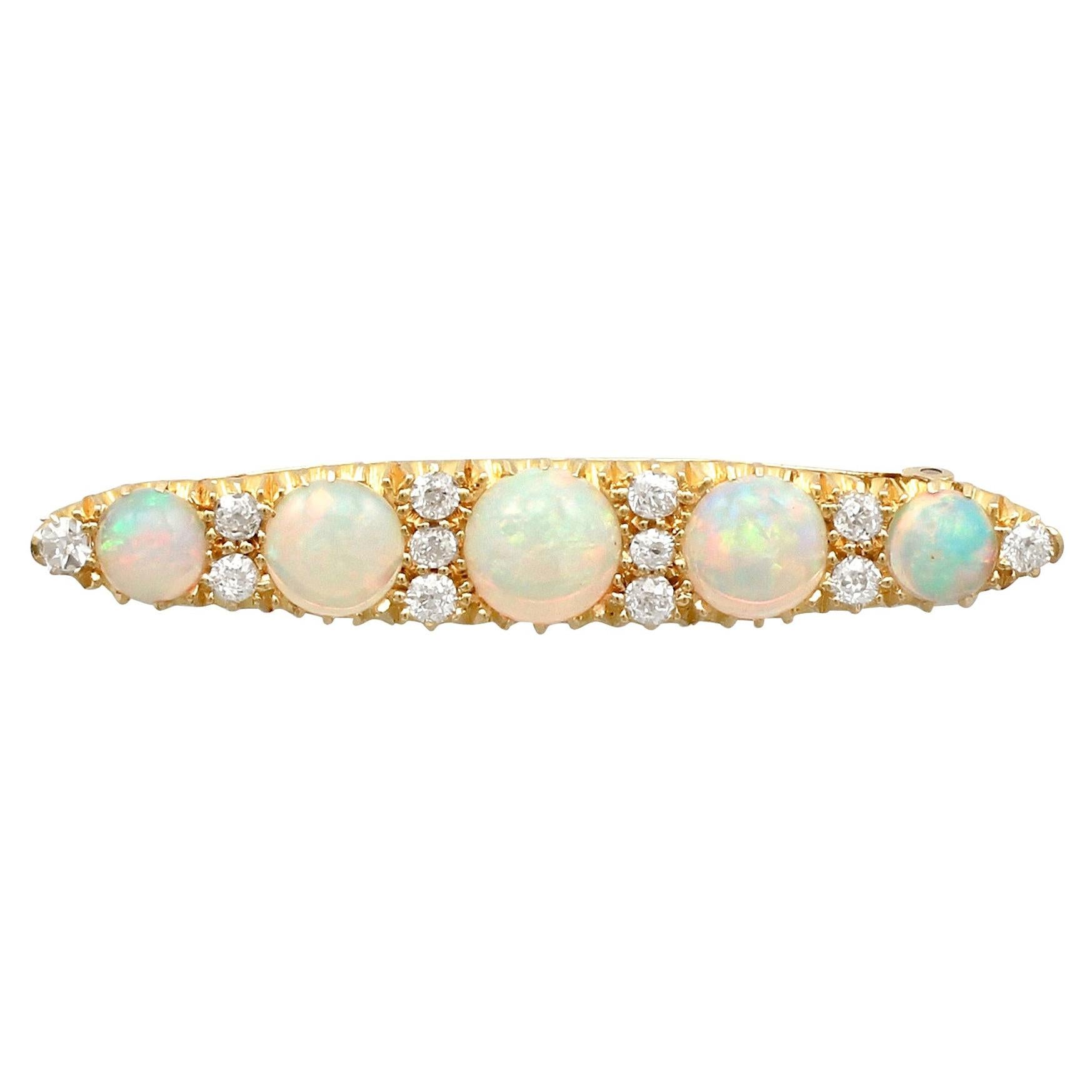 Antique Victorian 2.78Ct Cabochon Cut Opal and Diamond Yellow Gold Bar Brooch