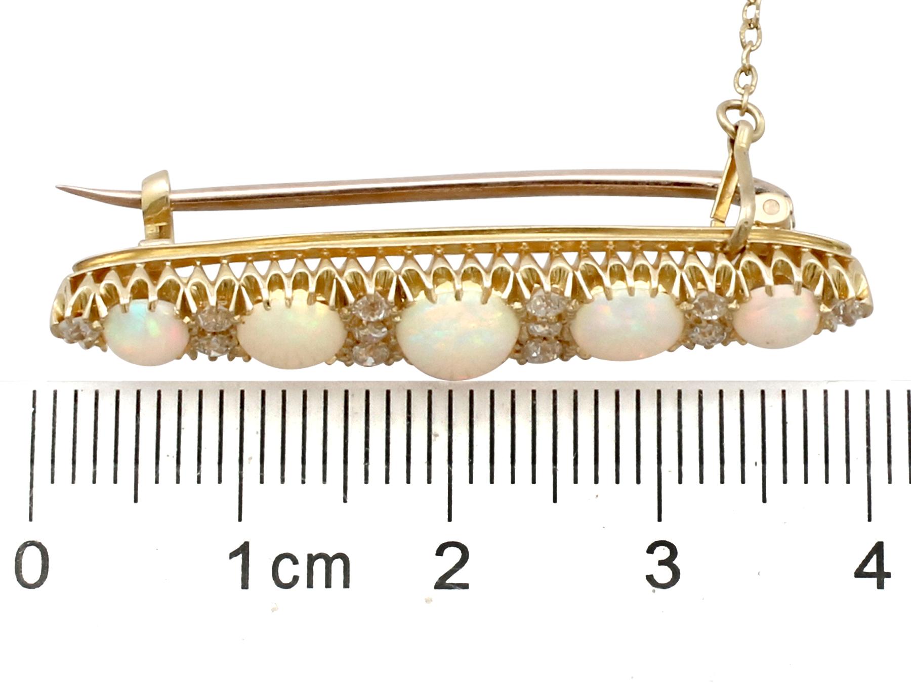 Antique Victorian 2.78Ct Cabochon Cut Opal and Diamond Yellow Gold Bar Brooch 1