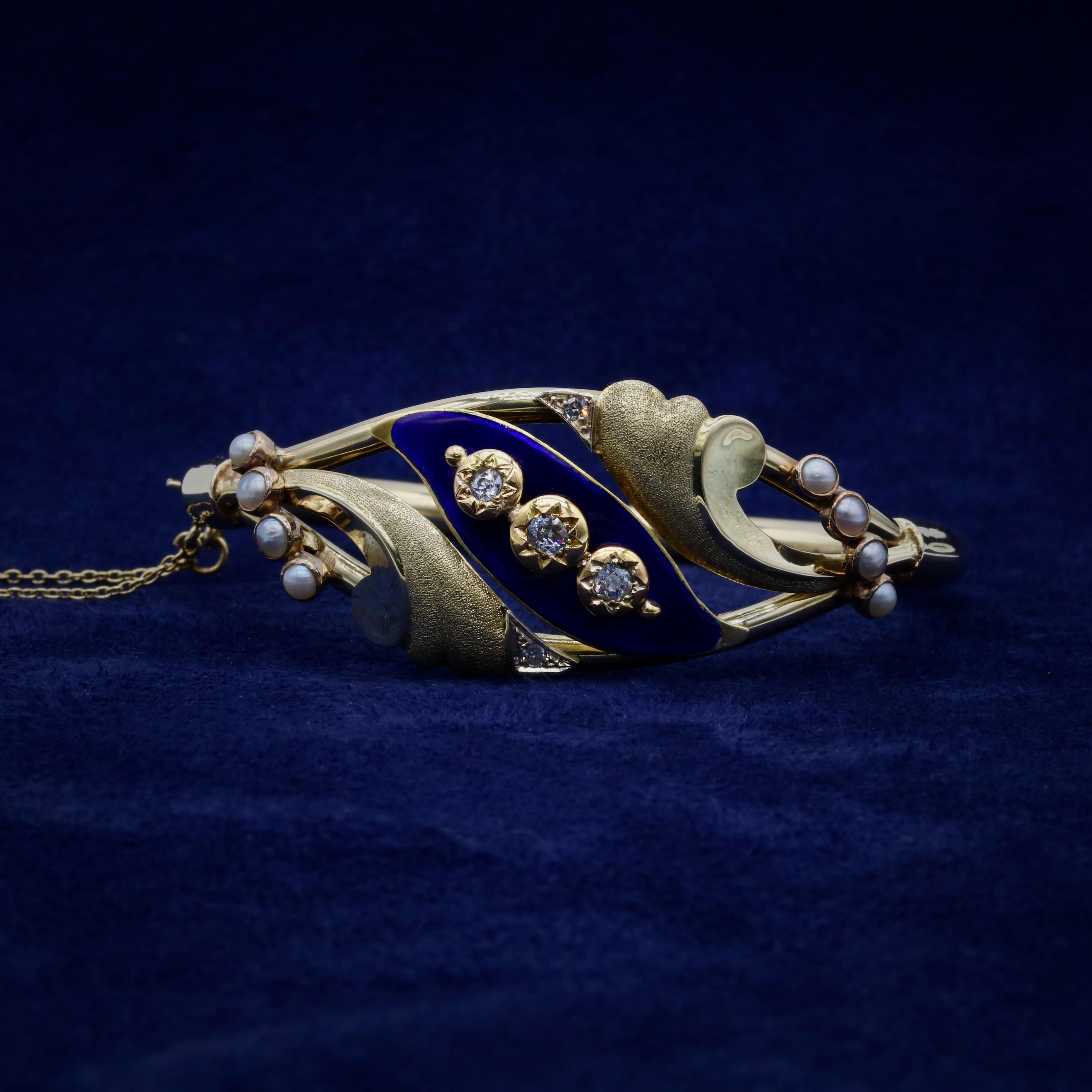 Art Nouveau Antique Victorian 27g 14K Yellow Gold Diamond, Pearl and Blue Enamel Bracelet For Sale