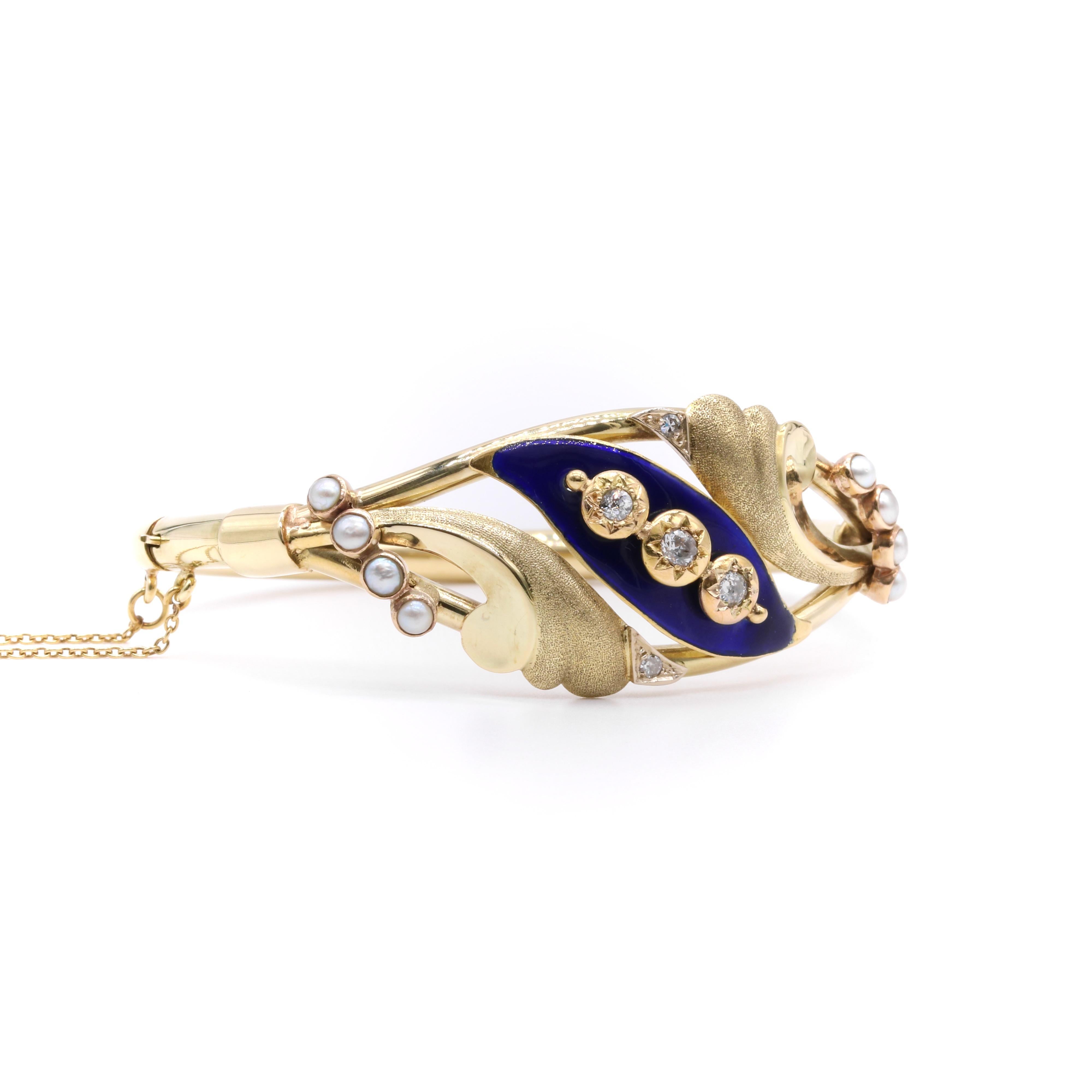 Antikes viktorianisches 27g 14K Gelbgold Diamant-, Perlen- und blaues Emaille-Armband im Zustand „Gut“ im Angebot in Staines-Upon-Thames, GB