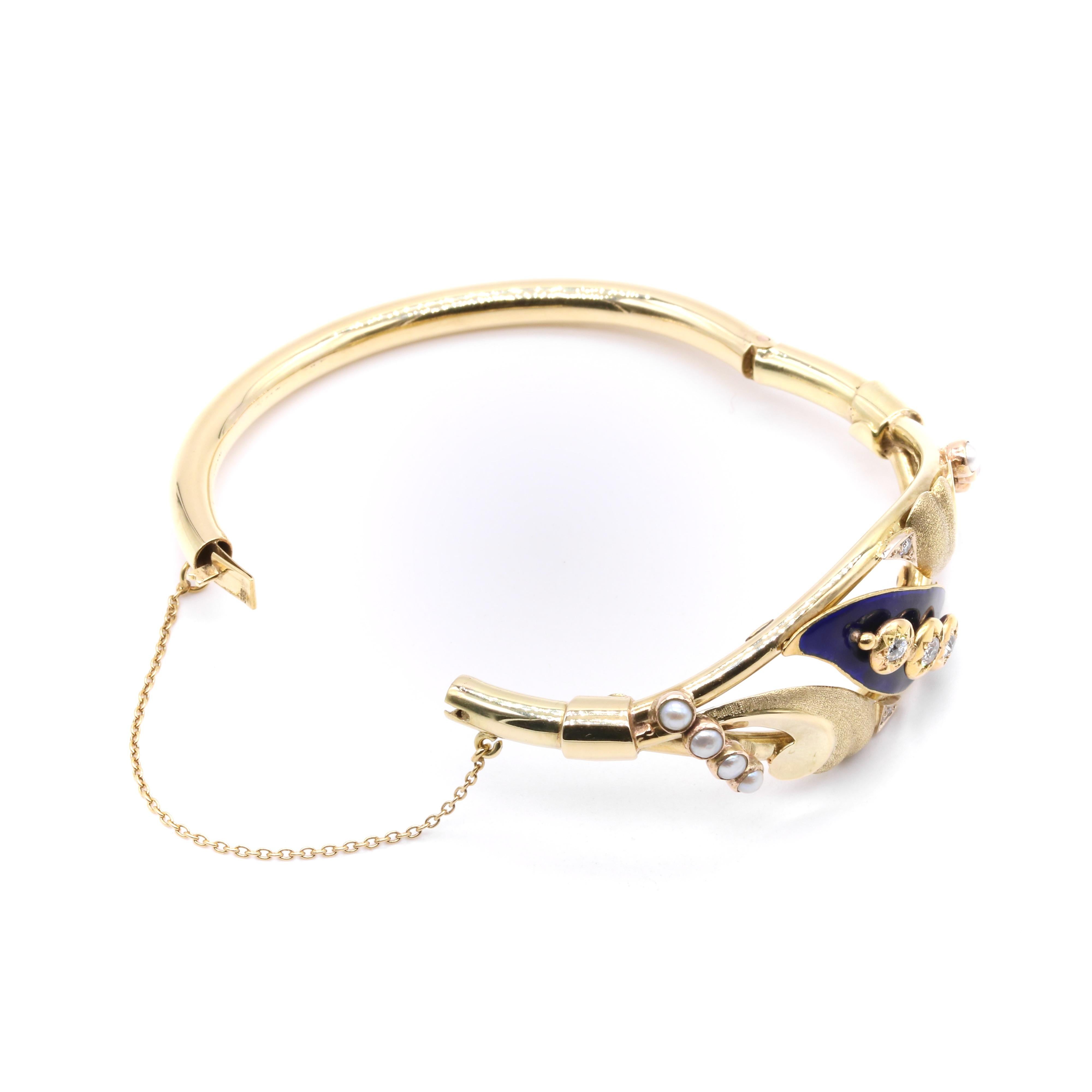 Antique Victorian 27g 14K Yellow Gold Diamond, Pearl and Blue Enamel Bracelet For Sale 1