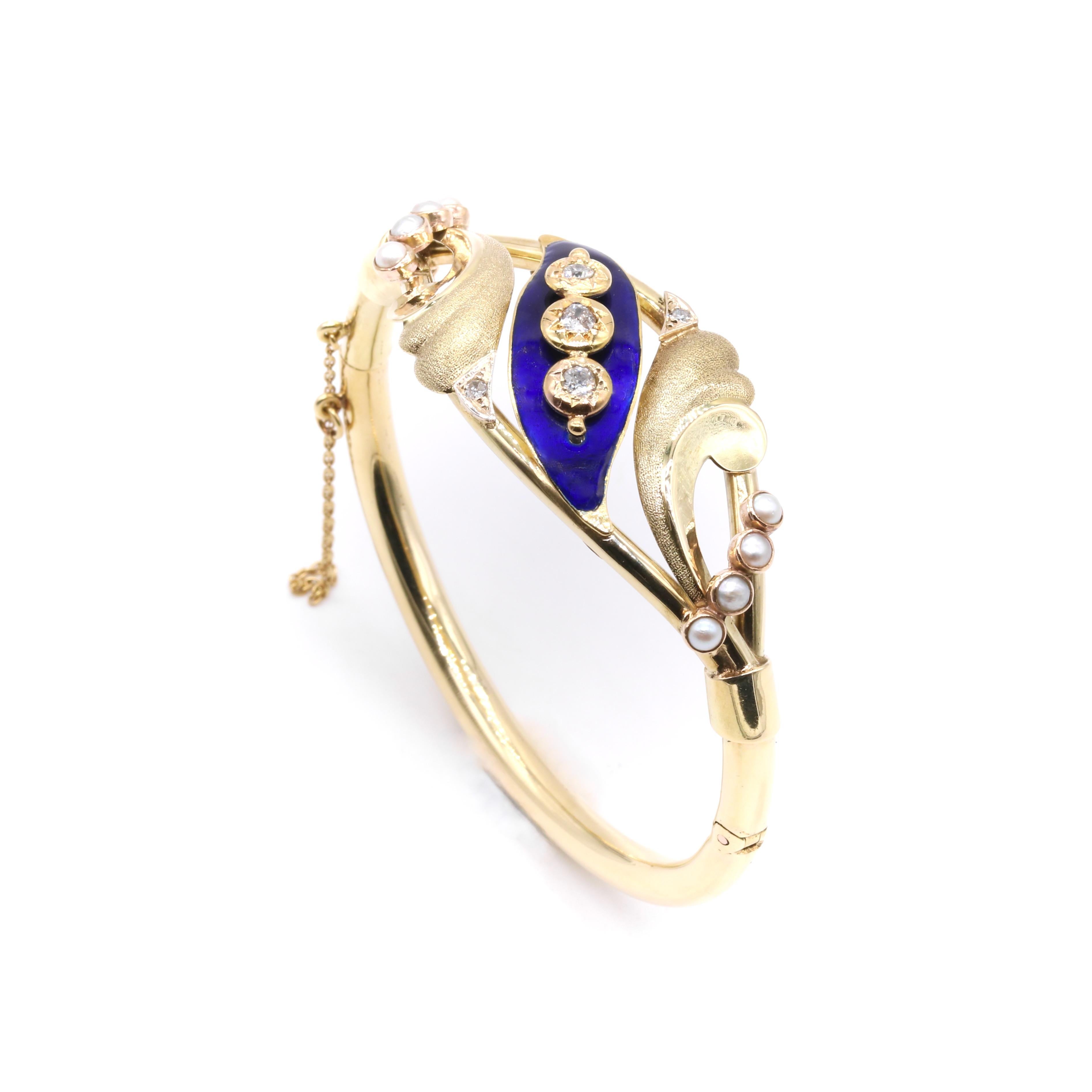 Antique Victorian 27g 14K Yellow Gold Diamond, Pearl and Blue Enamel Bracelet For Sale 2