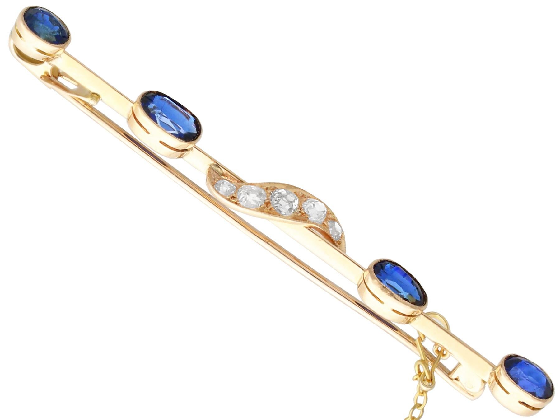 Antique Cushion Cut Antique Victorian 2.92ct Sapphire and 0.72ct Diamond 12ct Yellow Gold Bar Brooch For Sale