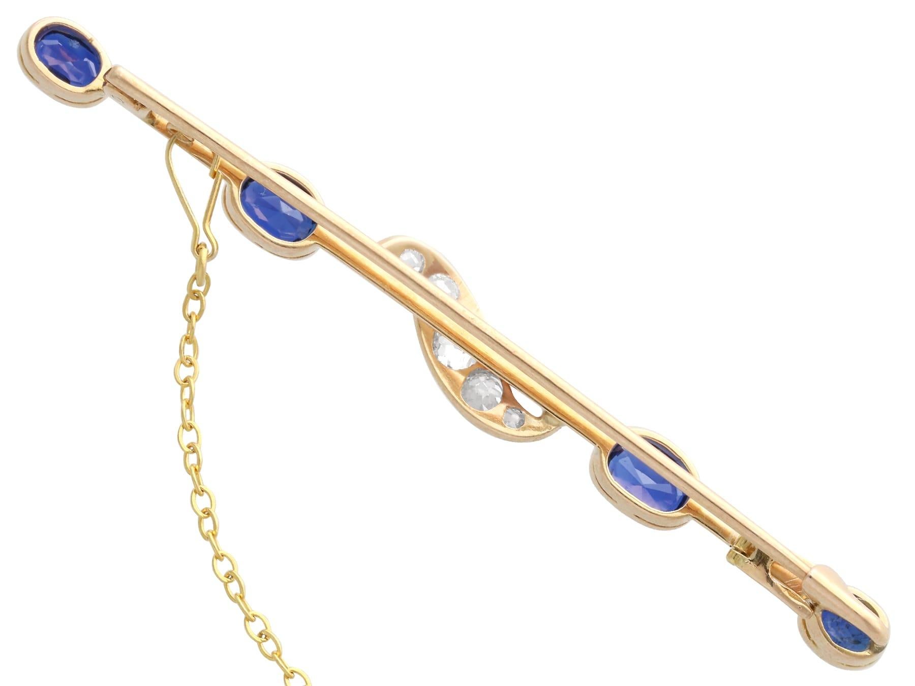 Antique Victorian 2.92ct Sapphire and 0.72ct Diamond 12ct Yellow Gold Bar Brooch In Excellent Condition For Sale In Jesmond, Newcastle Upon Tyne