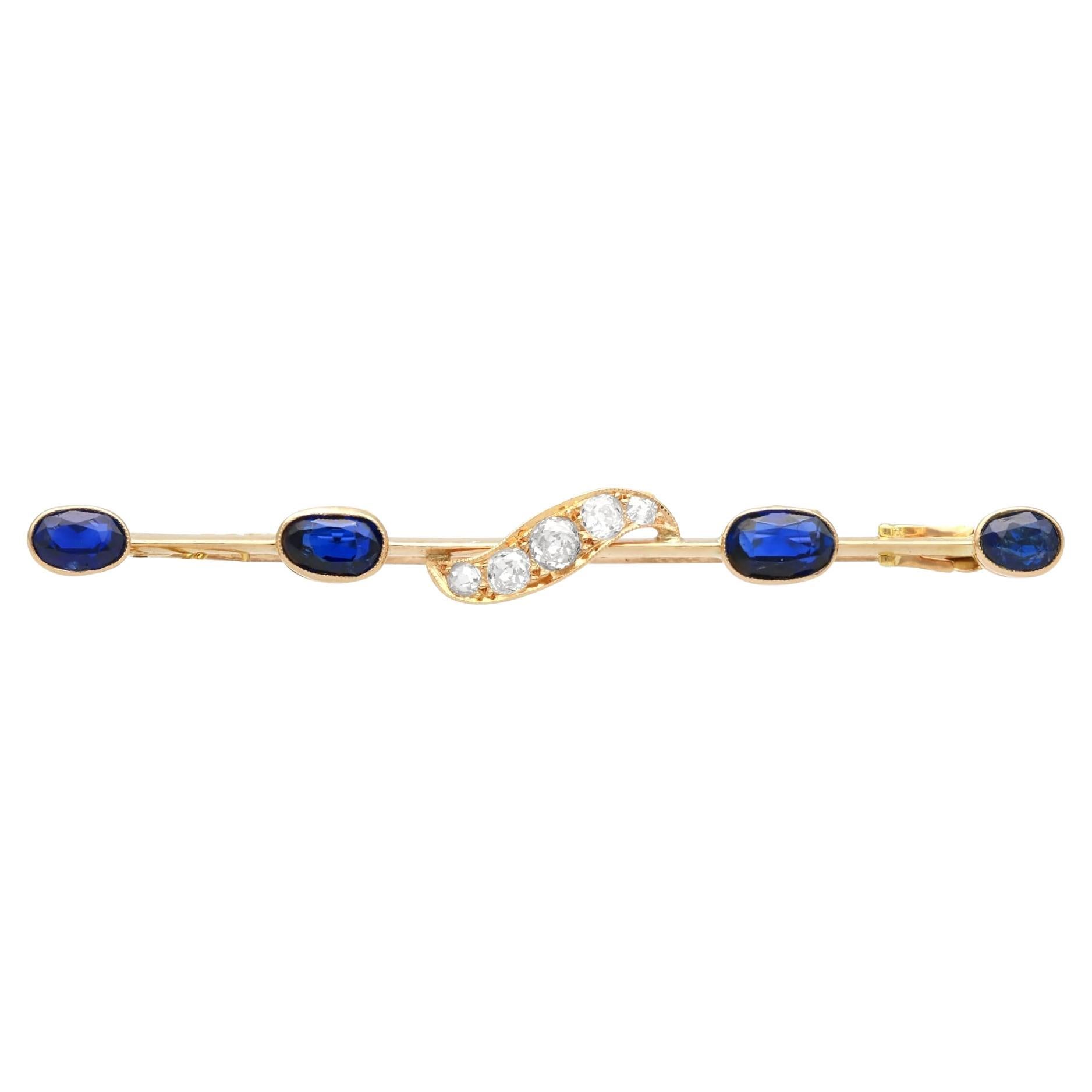 Antique Victorian 2.92ct Sapphire and 0.72ct Diamond 12ct Yellow Gold Bar Brooch For Sale