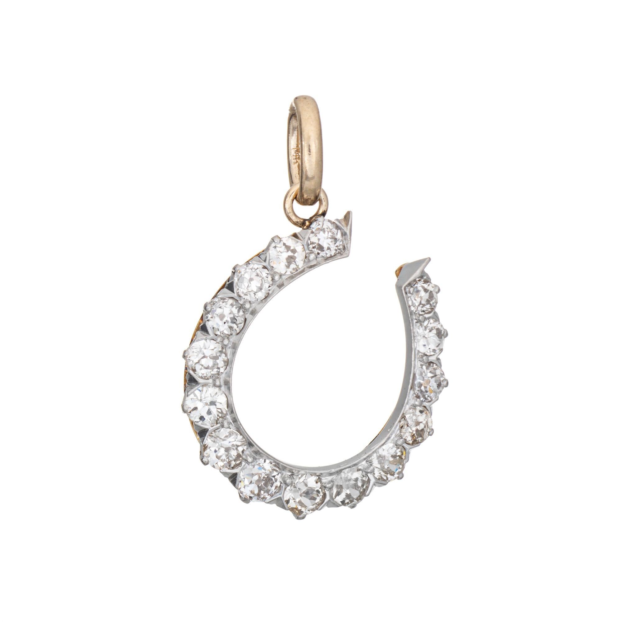 Old Mine Cut Antique Victorian 2ct Diamond Horseshoe Pendant 14k Gold Platinum Old Mine For Sale