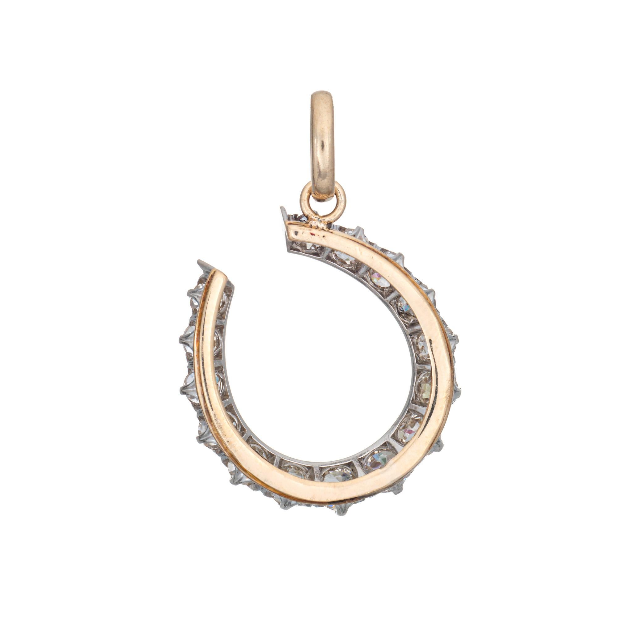 Antique Victorian 2ct Diamond Horseshoe Pendant 14k Gold Platinum Old Mine In Good Condition For Sale In Torrance, CA