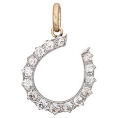 Antique Victorian 2ct Diamond Horseshoe Pendant 14k Gold Platinum Old Mine