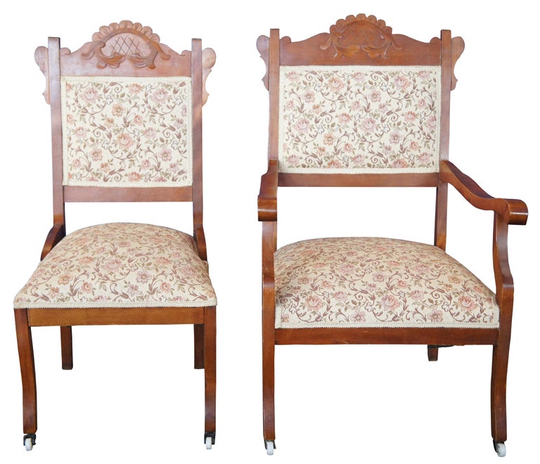 Antique Victorian 3 Pc Walnut Parlor Set Settee Side Arm Chair Floral ...