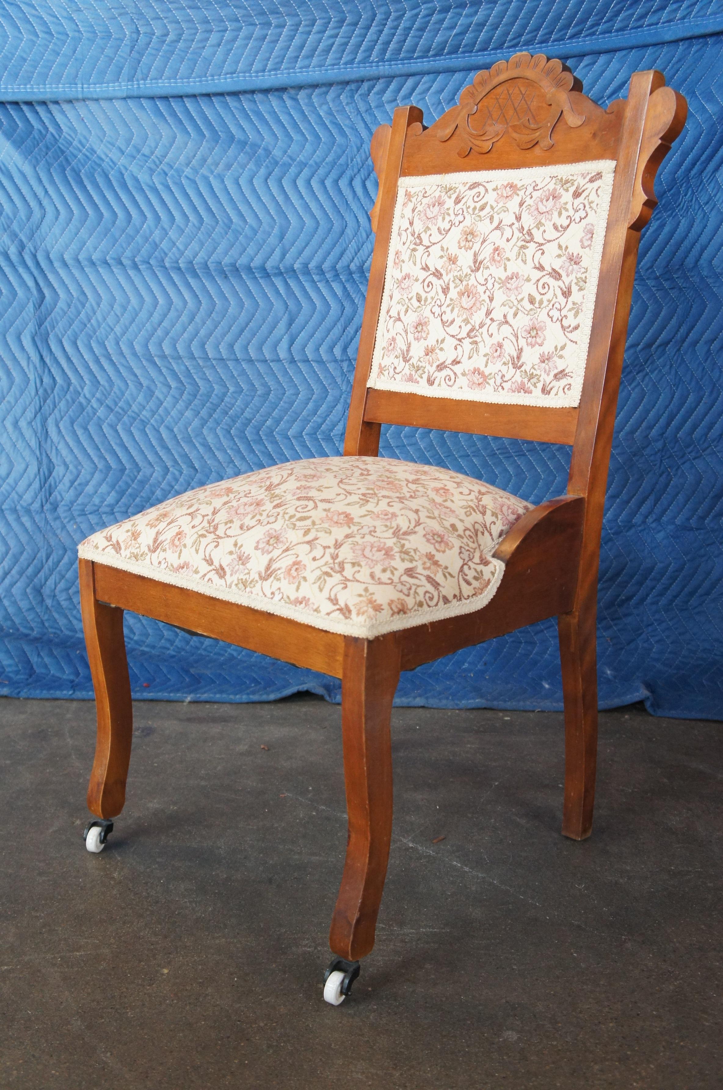 Upholstery Antique Victorian 3 Pc Walnut Parlor Set Settee Side Arm Chair Floral Serpentine