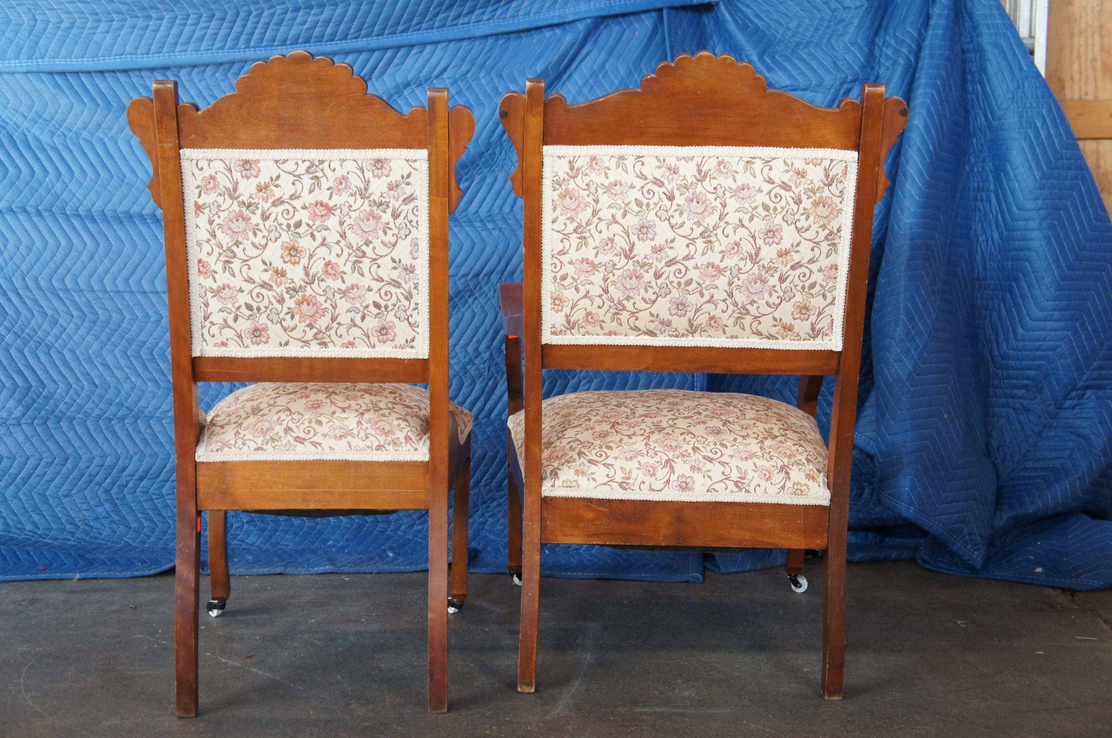 Antique Victorian 3 Pc Walnut Parlor Set Settee Side Arm Chair Floral Serpentine 3