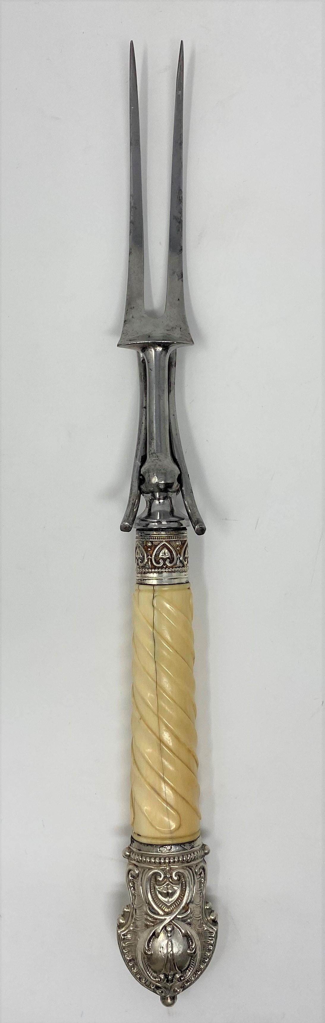 Antique Victorian 3-piece carving set with carved ox bone handles, circa 1880.
Measures: Large knife 16