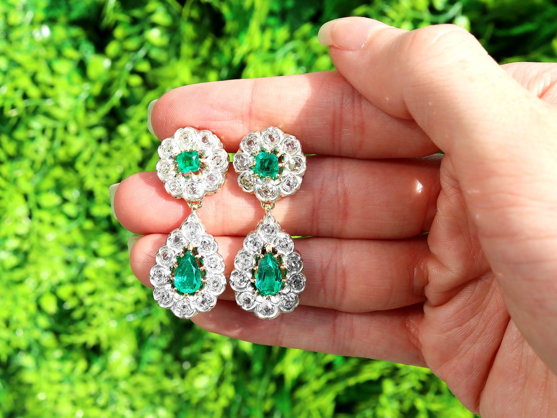 A stunning pair of Victorian 3.18 Ct emerald and 3.23 Ct diamond, 12k yellow gold and silver set drop earrings; part of our diverse antique jewelry collections.

These stunning, fine and impressive Victorian emerald earrings have been crafted in 12k