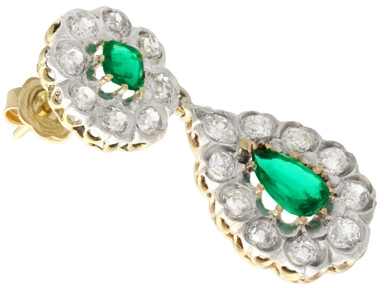 Old Mine Cut Antique Victorian 3.18 Carat Emerald and 3.23 Carat Diamond Drop Earrings For Sale