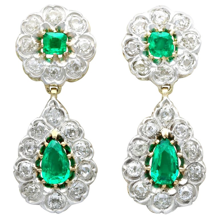 Antique Victorian 3.18 Carat Emerald and 3.23 Carat Diamond Drop Earrings For Sale