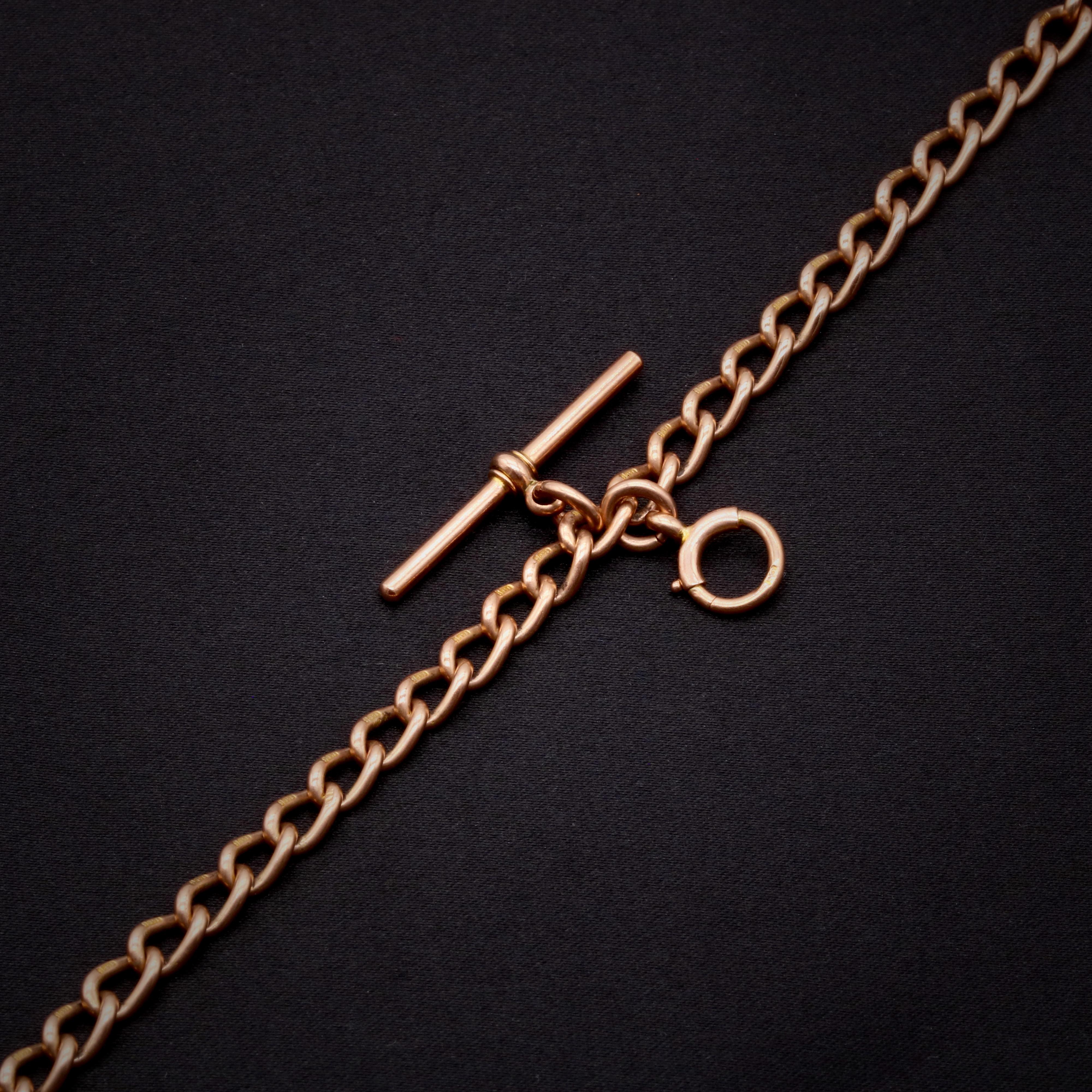 Catena Albert antica vittoriana da 32g in oro rosa 9K con anello a molla con barra a T In condizioni buone in vendita a Staines-Upon-Thames, GB