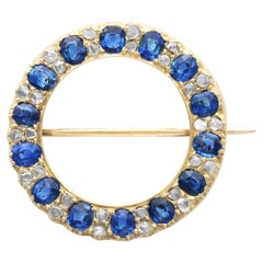 Antique Victorian 3.36 Carat Sapphire and Diamond Yellow Gold Brooch