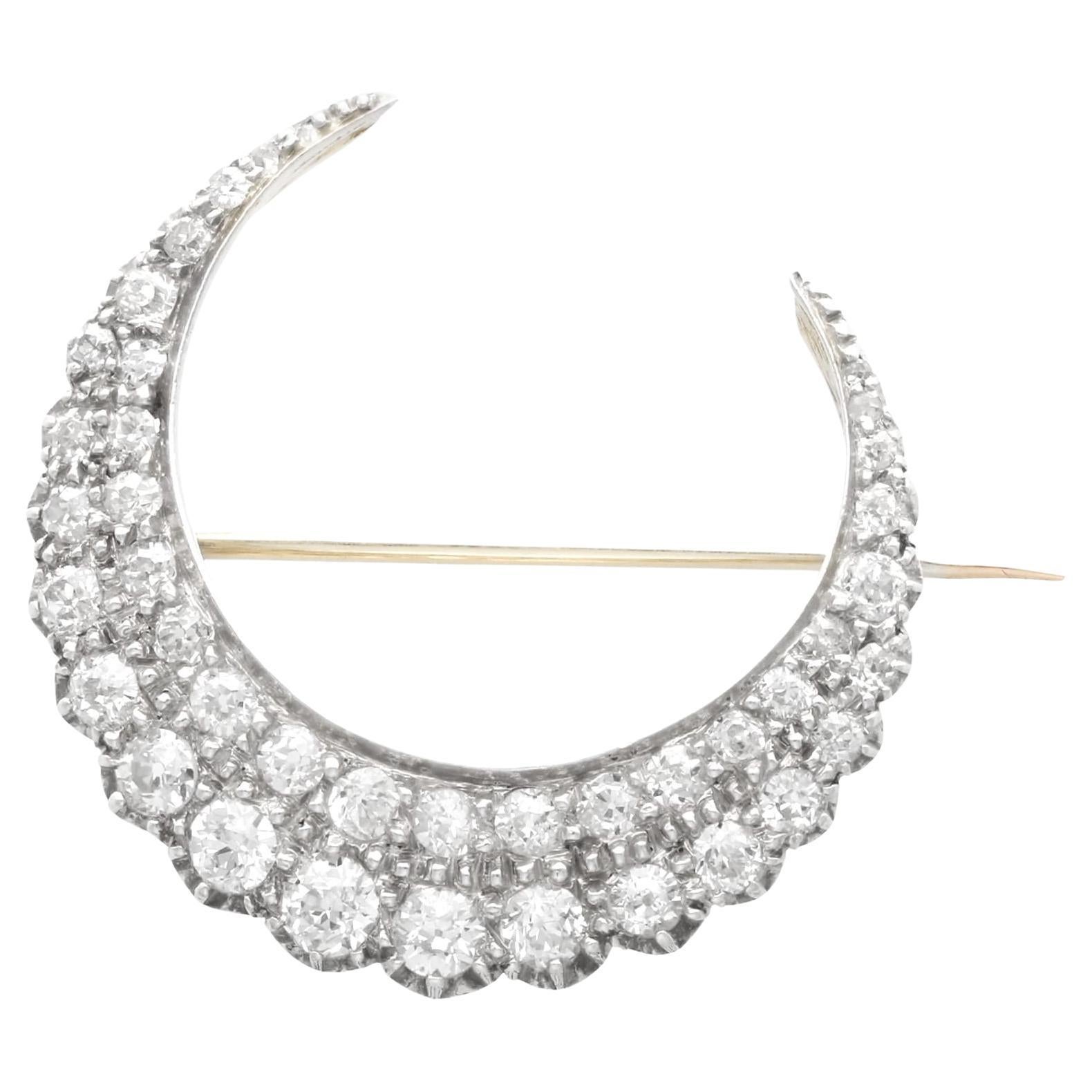 Antique Victorian 3.47Ct Diamond and 9k Yellow Gold Crescent Brooch/Hair Pin