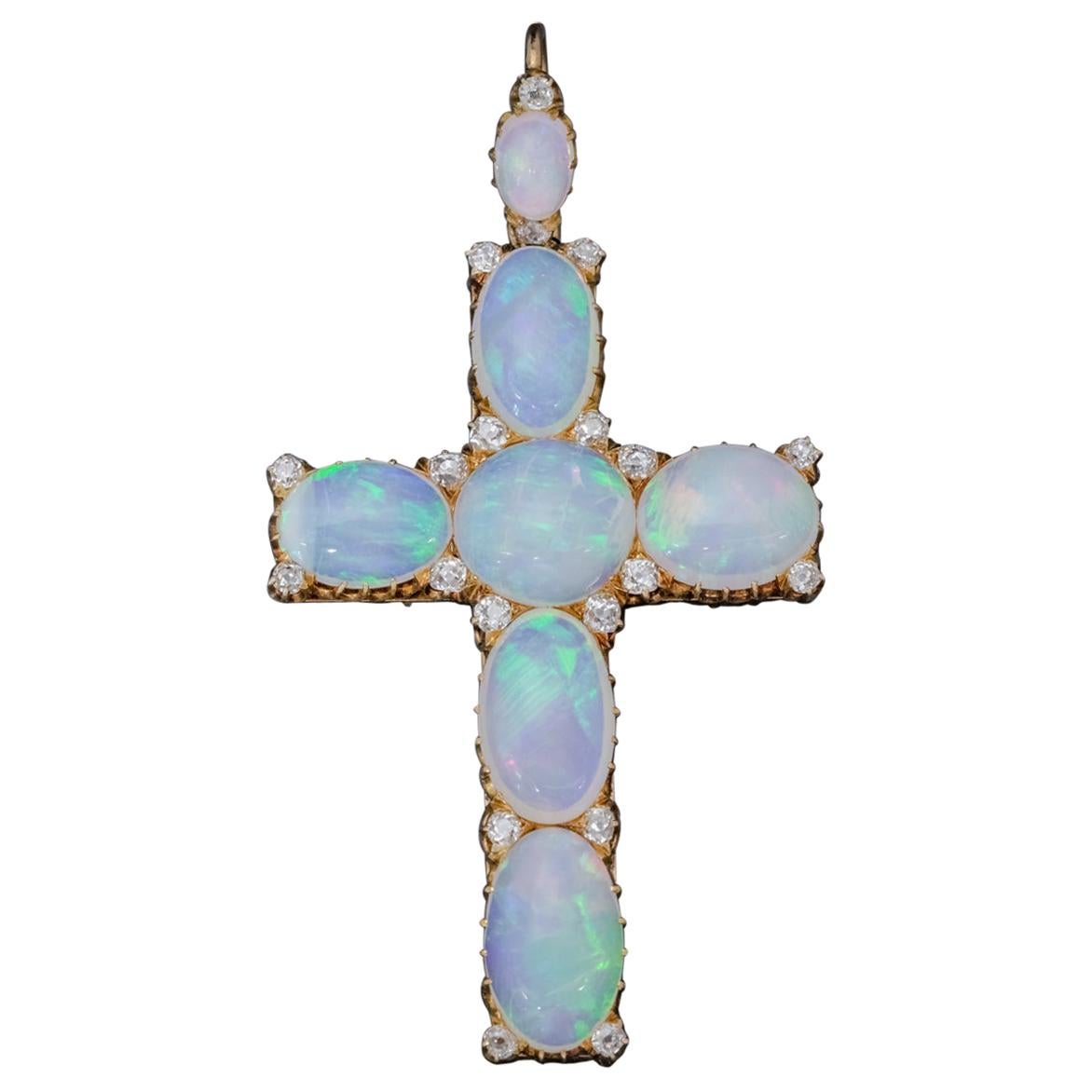 Antique Victorian 35 Carat Opal Cross Pendant Diamond 18 Carat Gold, circa 1900 For Sale