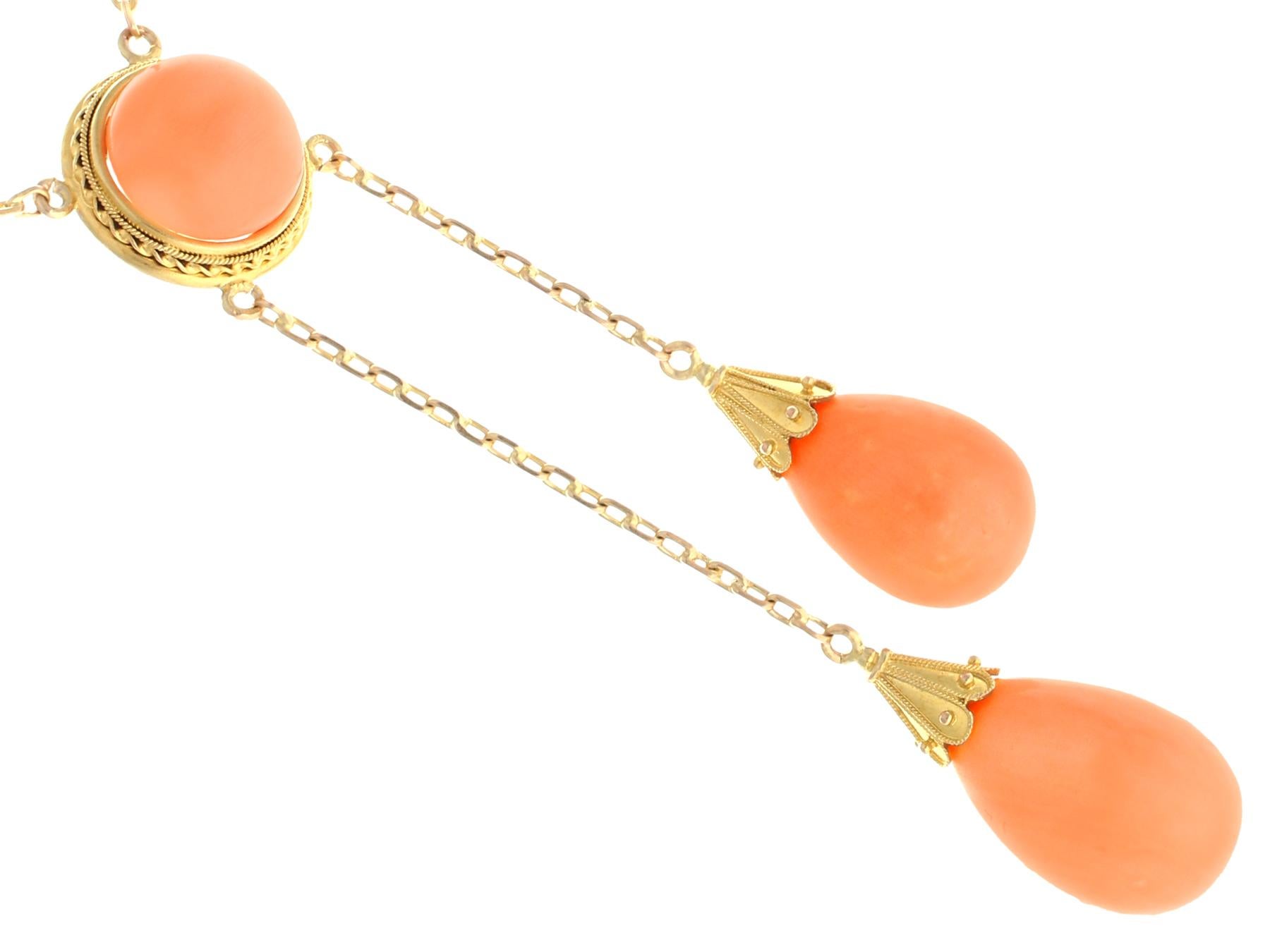Round Cut Antique Victorian 35.22 Carat Coral and Yellow Gold Necklace