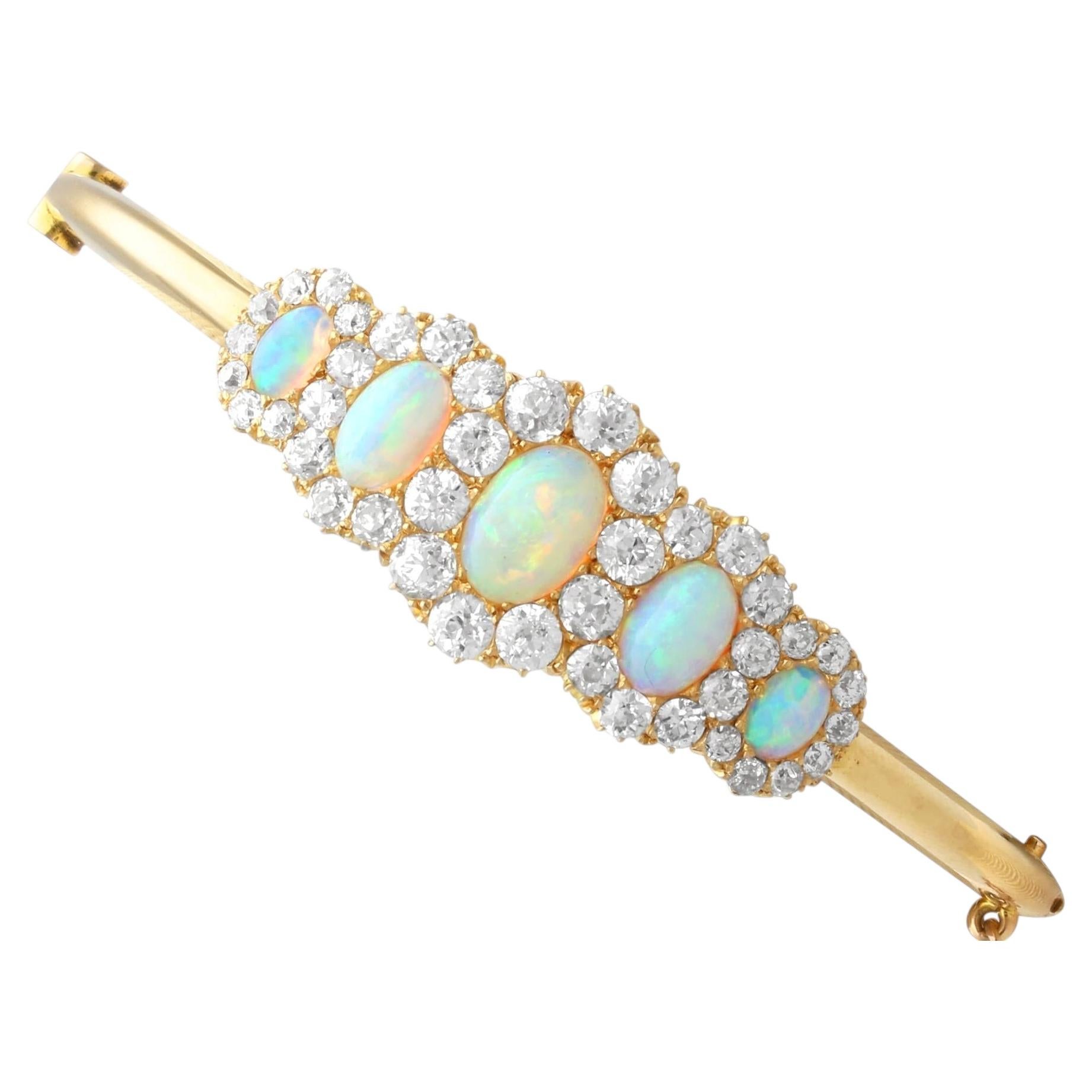 Antique Victorian 3.92 Carat Opal and 3.25 Carat Diamond 18k Yellow Gold Bangle
