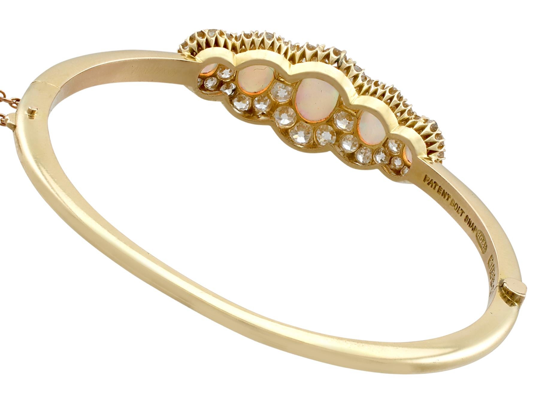 Old European Cut Antique Victorian 3.92 Carat Opal and 3.25 Carat Diamond Yellow Gold Bangle For Sale