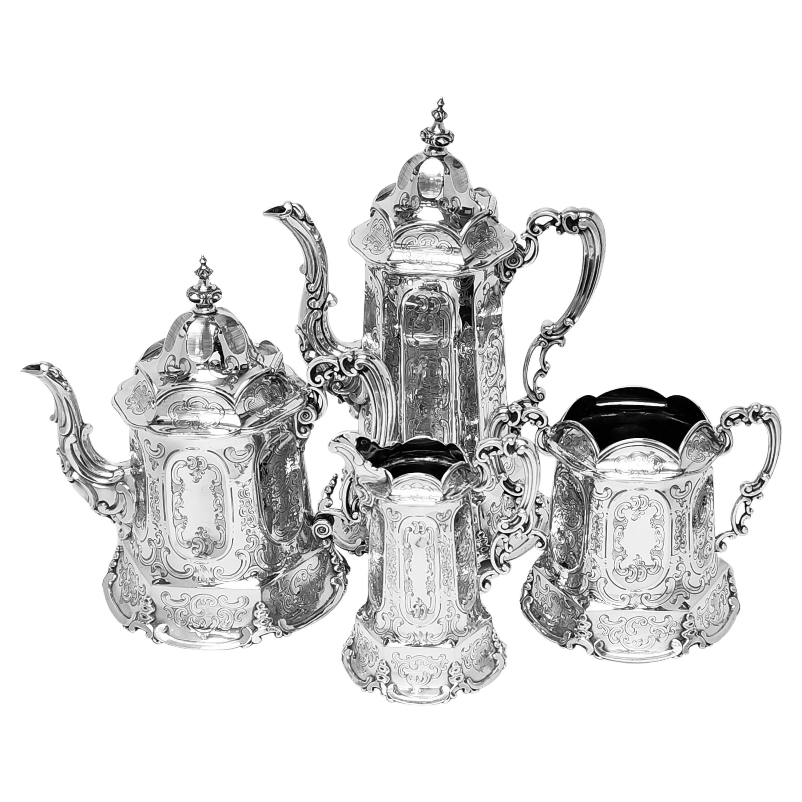 Antique Victorian 4 Piece Sterling Silver Tea & Coffee Set London England 1852 For Sale