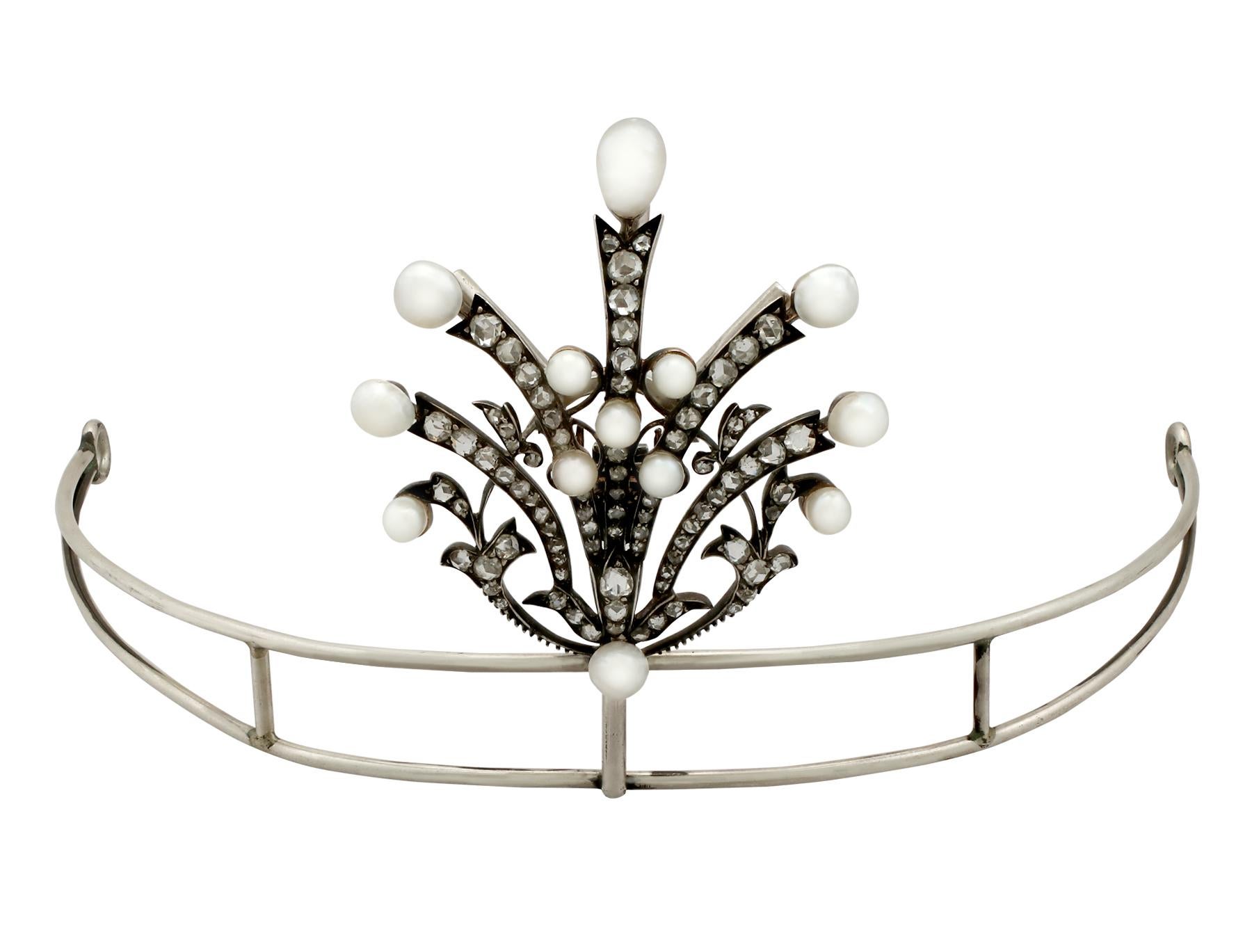 Antique Victorian 4.05 Carat Diamond and Pearl Gold and Silver Tiara Brooch In Excellent Condition In Jesmond, Newcastle Upon Tyne