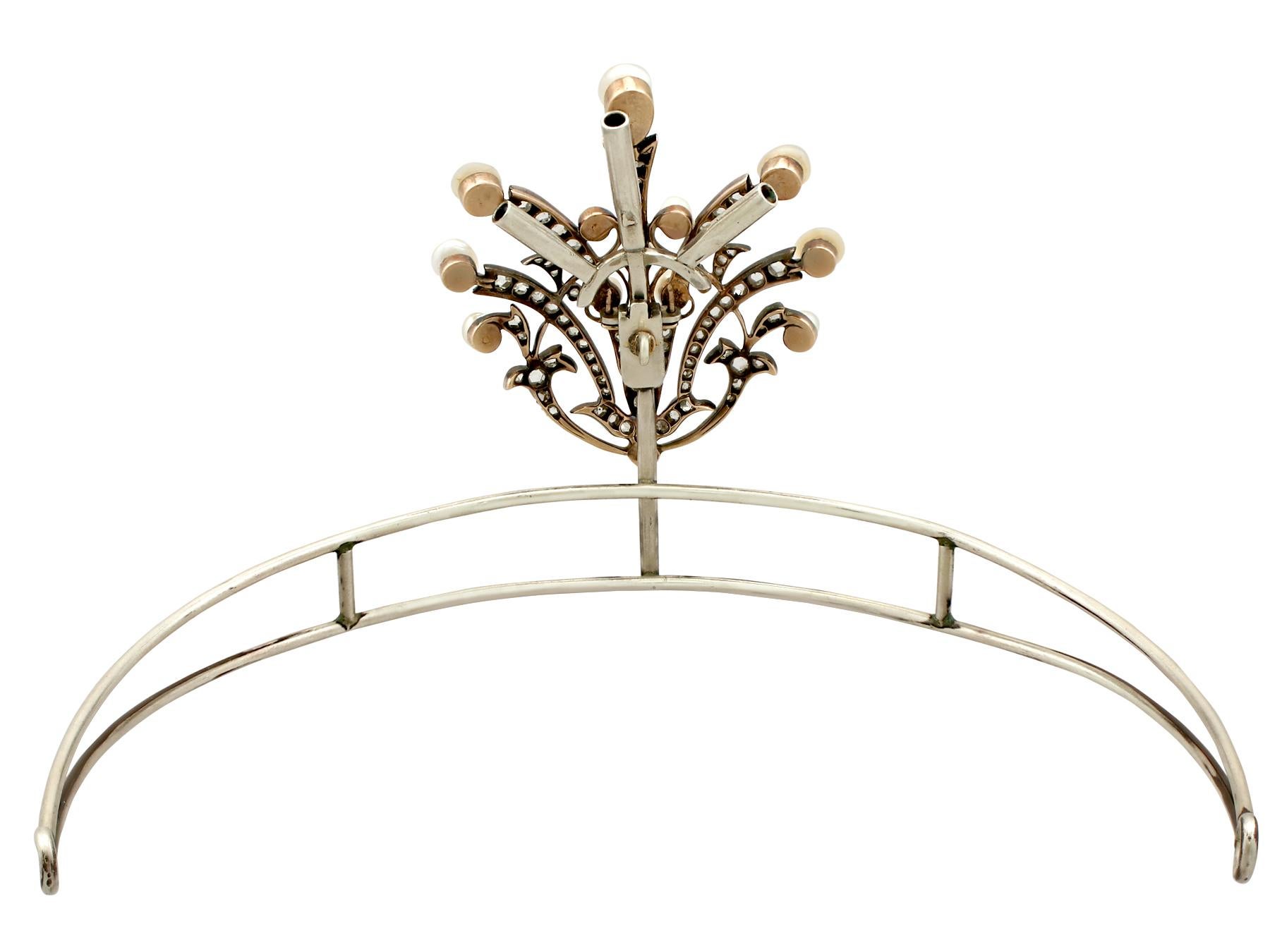 Women's or Men's Antique Victorian 4.05 Carat Diamond and Pearl Gold and Silver Tiara Brooch